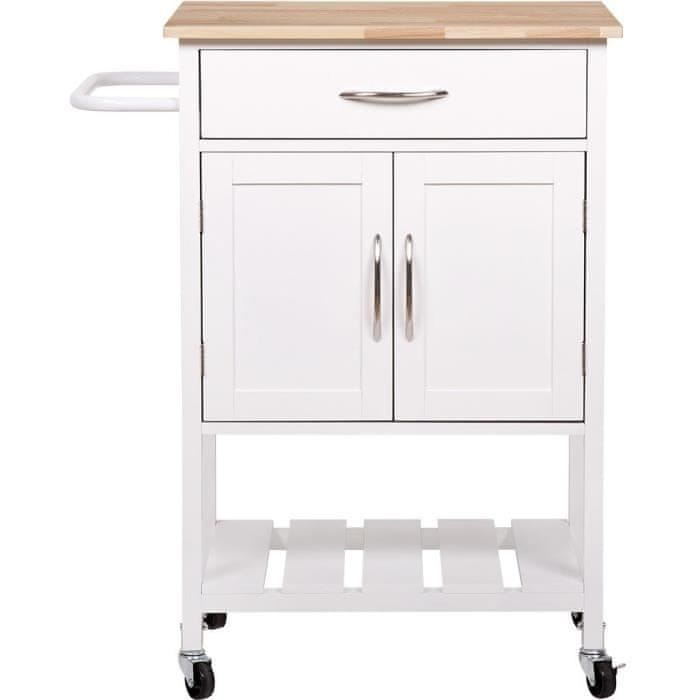 WEBHIDDENBRAND Kuchyňský vozík z kaučukového dreva s 2 dverami a 1 zásuvkou, lakovaný biely, dl. 60 x gl. 48 x H 90 cm, PEDRO
